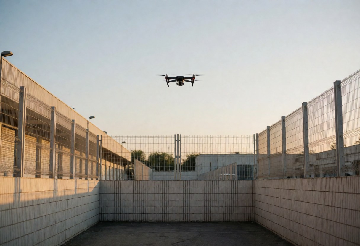 Aerial view of a surveillance drone hovering above a metal fence and white tiled walls at sunset
