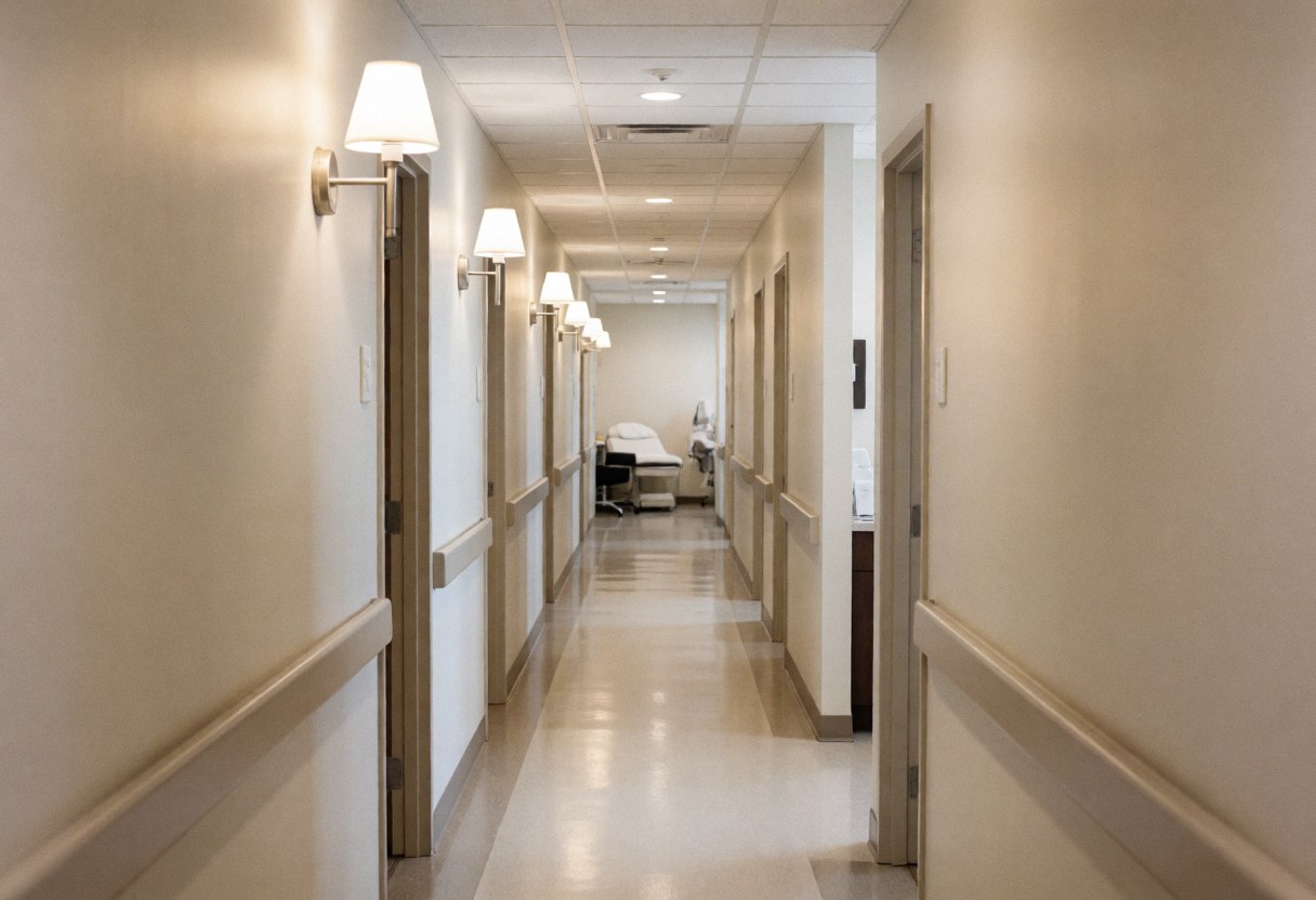 Well-lit sterile hallway in a piercing studio featuring treatment beds and neutral walls for aesthetic business use
