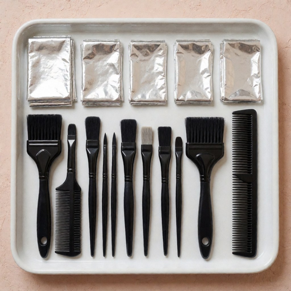 Top view of professional hair extension tools including brushes, combs, and foils arranged on a white tray against a terracotta wall.
