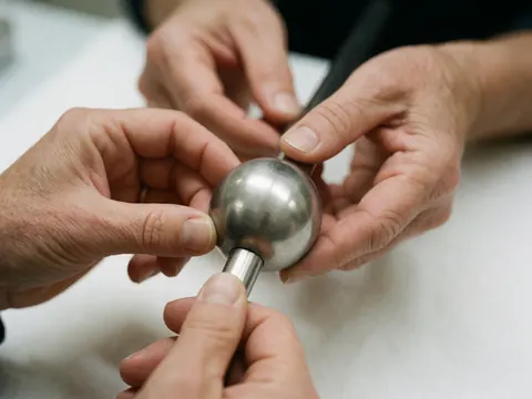 Close-up of hands adjusting a shiny spherical titanium bar on a sterile white background, a professional piercing tool detail
