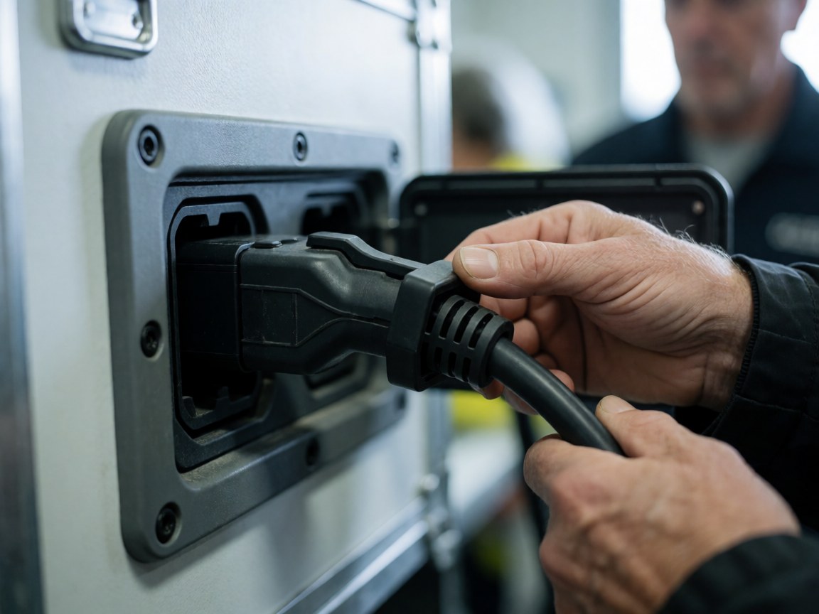 Close-up of adult hands securely connecting a black cable to a heavy-duty industrial power outlet on professional equipment.