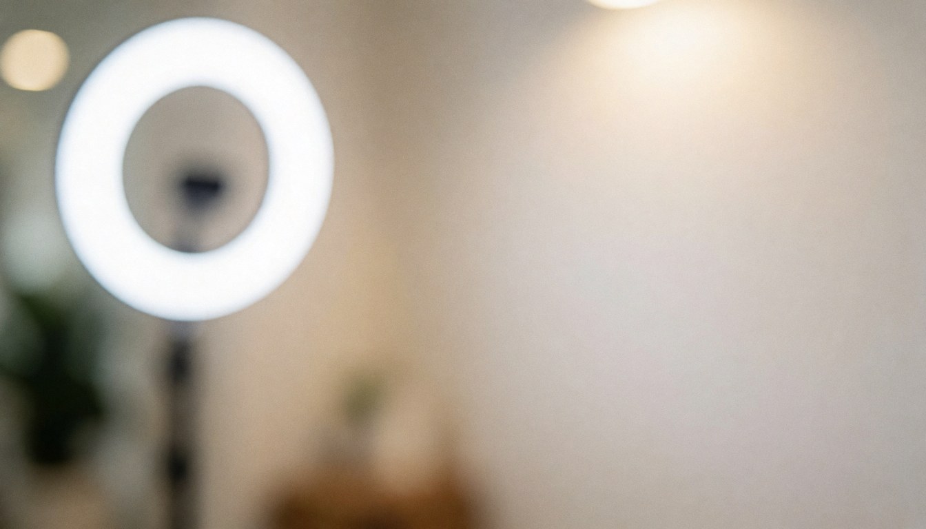 Soft blurred background with white ring light and neutral wall, ideal for beauty service text overlays