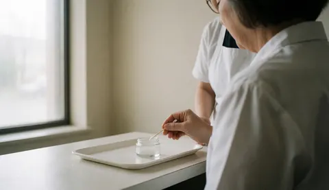 Professional in white apron applies cream from jar with cotton pad on white tray near window with natural light and soft beige background