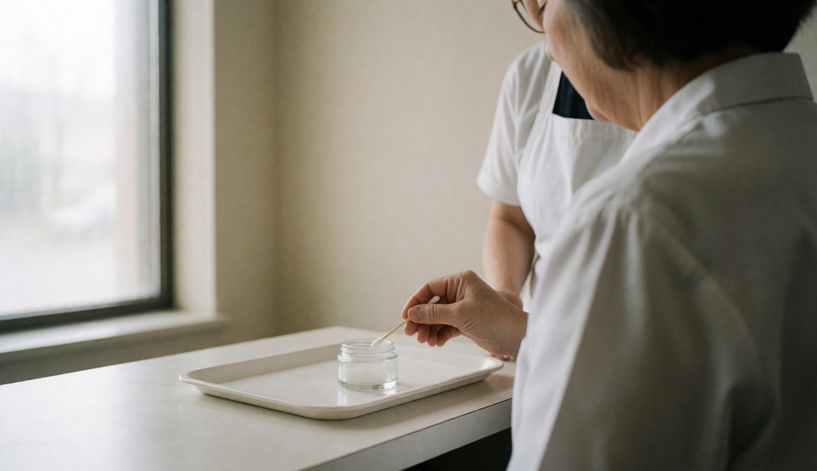 Professional in white apron applies cream from jar with cotton pad on white tray near window with natural light and soft beige background