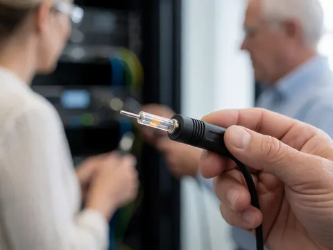 Close-up of a hand holding an optical cable plugged into a digital interface with a blurred server rack in the background