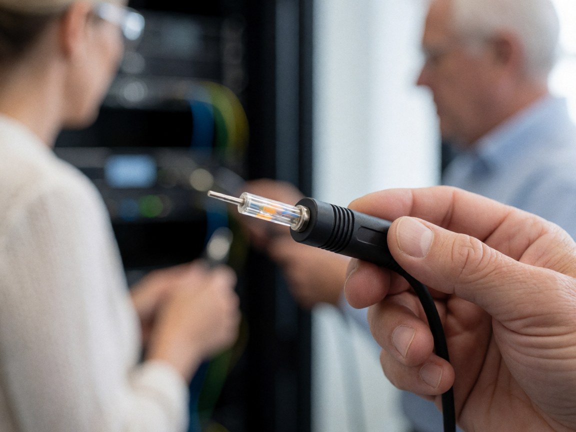 Close-up of a hand holding an optical cable plugged into a digital interface with a blurred server rack in the background