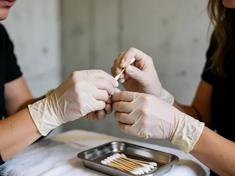Close-up of gloved hands using cotton pads to clean eyebrows, with a metal tray and concrete wall background