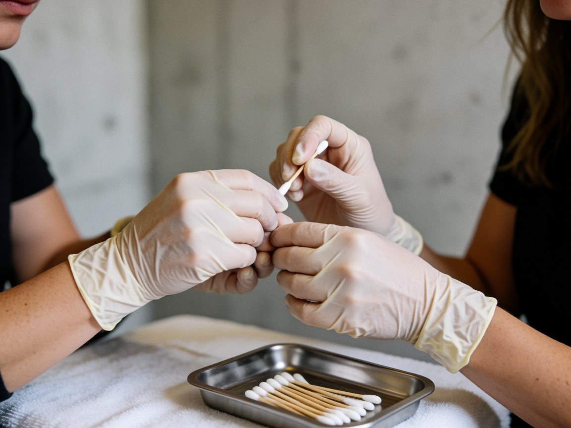 Close-up of gloved hands using cotton pads to clean eyebrows, with a metal tray and concrete wall background