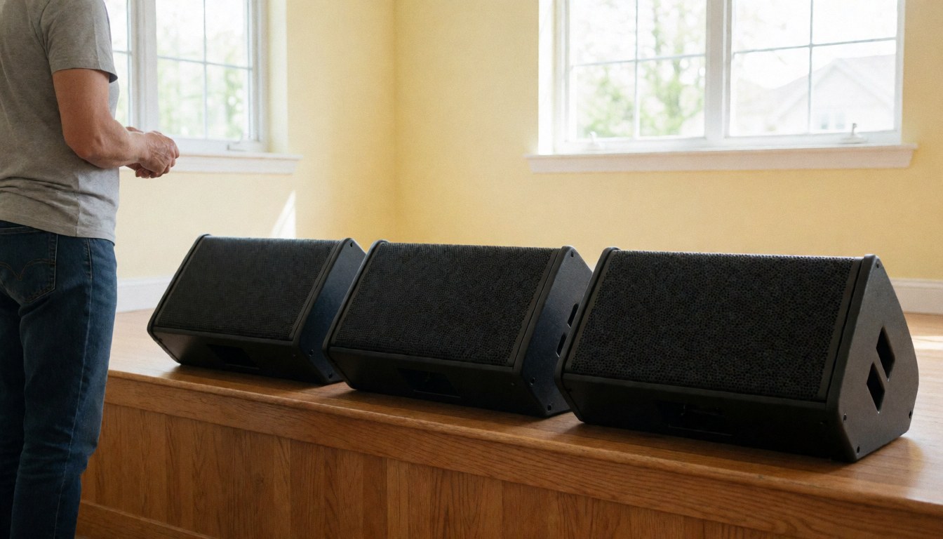 Three black sound monitors placed on a wooden platform with pale yellow walls and natural light coming through windows