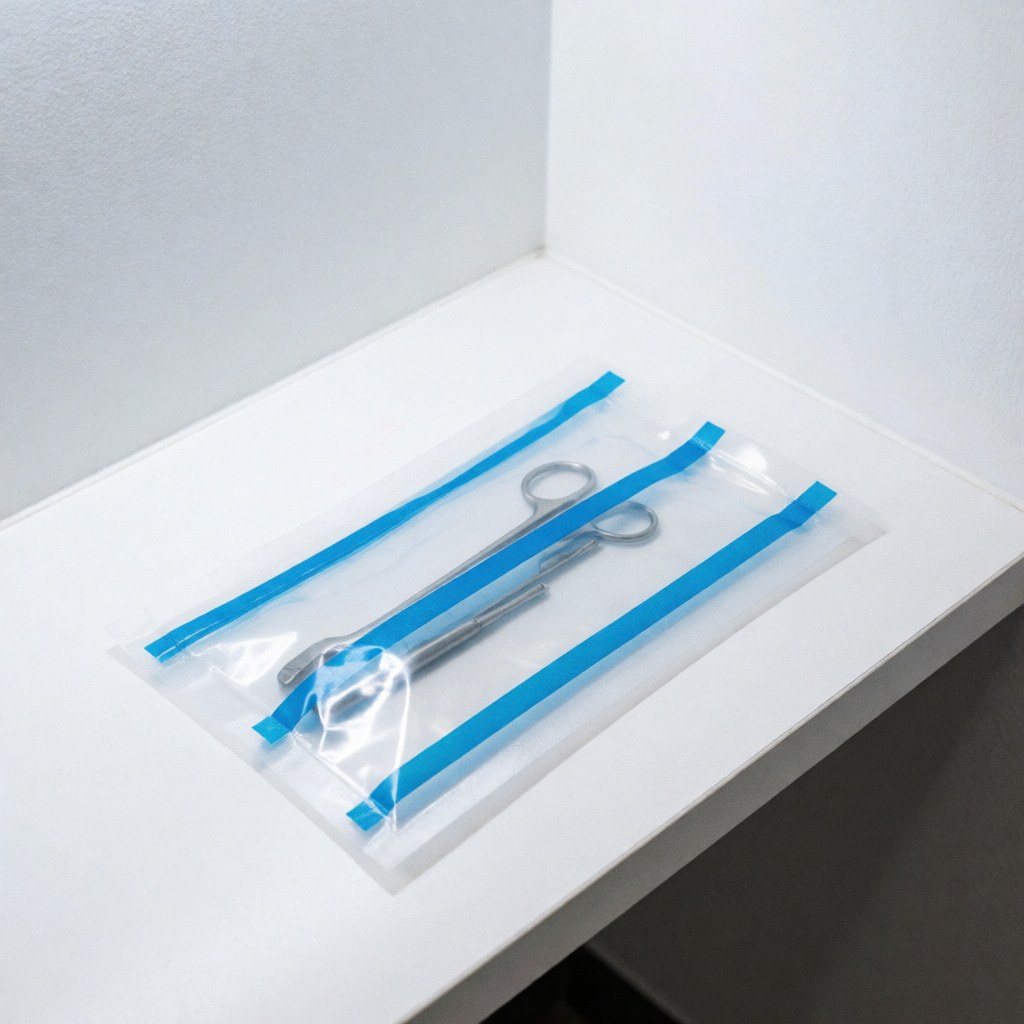 Transparent sterile patch with metal tweezers and blue indicators on a clean white table with clinical lighting for a piercing studio