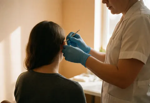 Technician wearing blue gloves inserts a helix piercing for a seated client in a bright studio with beige walls