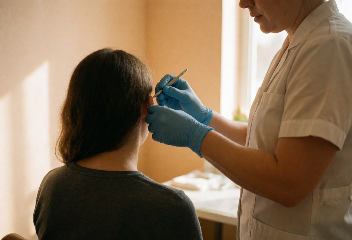 Technician wearing blue gloves inserts a helix piercing for a seated client in a bright studio with beige walls