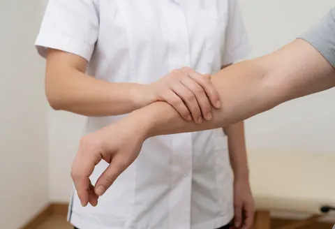 A therapist in a white uniform uses precise hand movements to perform a deep tissue massage on a client's arm in a neutral clinical setting.