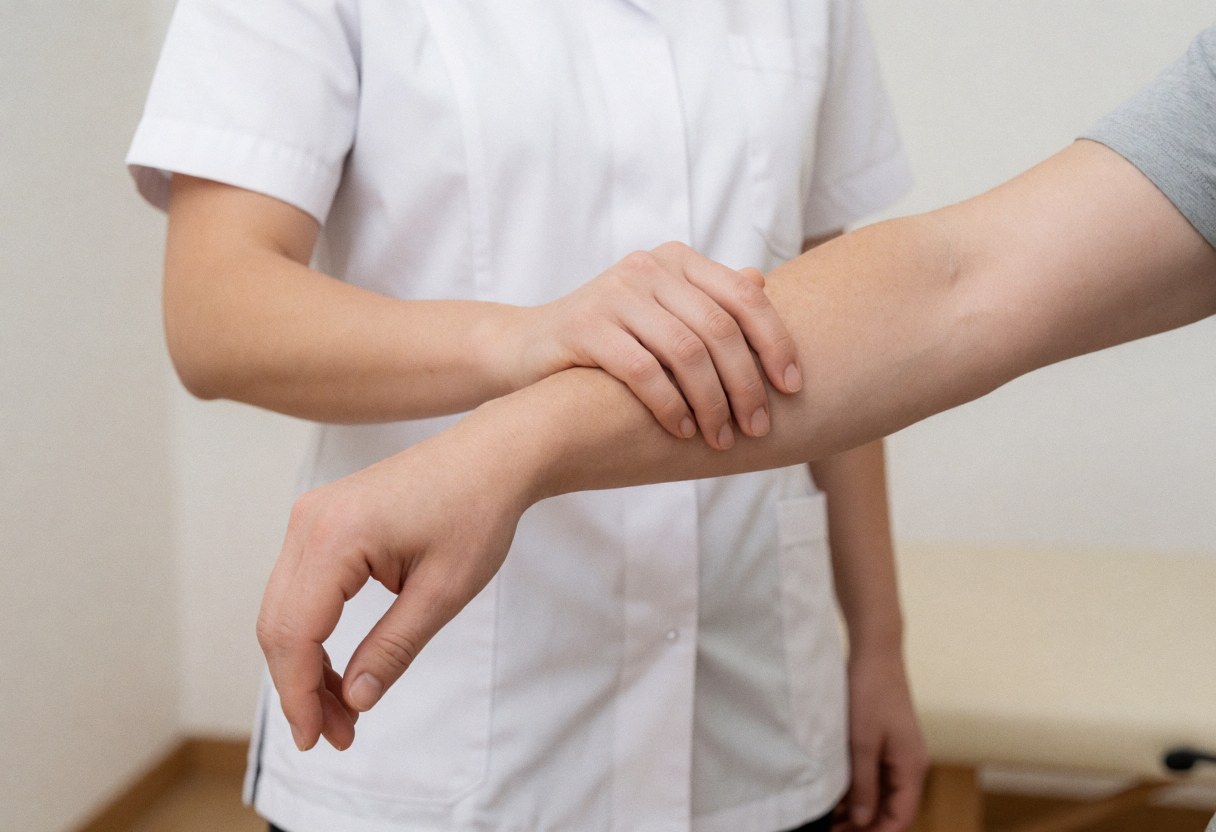 A therapist in a white uniform uses precise hand movements to perform a deep tissue massage on a client's arm in a neutral clinical setting.