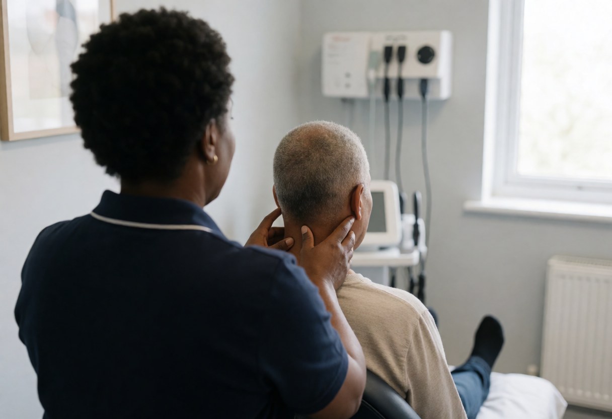 Therapist applying deep tissue massage to a client's neck while seated in a clinical setting with gray walls and medical equipment in the background.