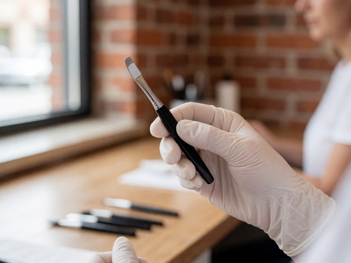 Close-up of a gloved hand holding a black eyebrow tool on a wooden table with a red brick wall background and natural light