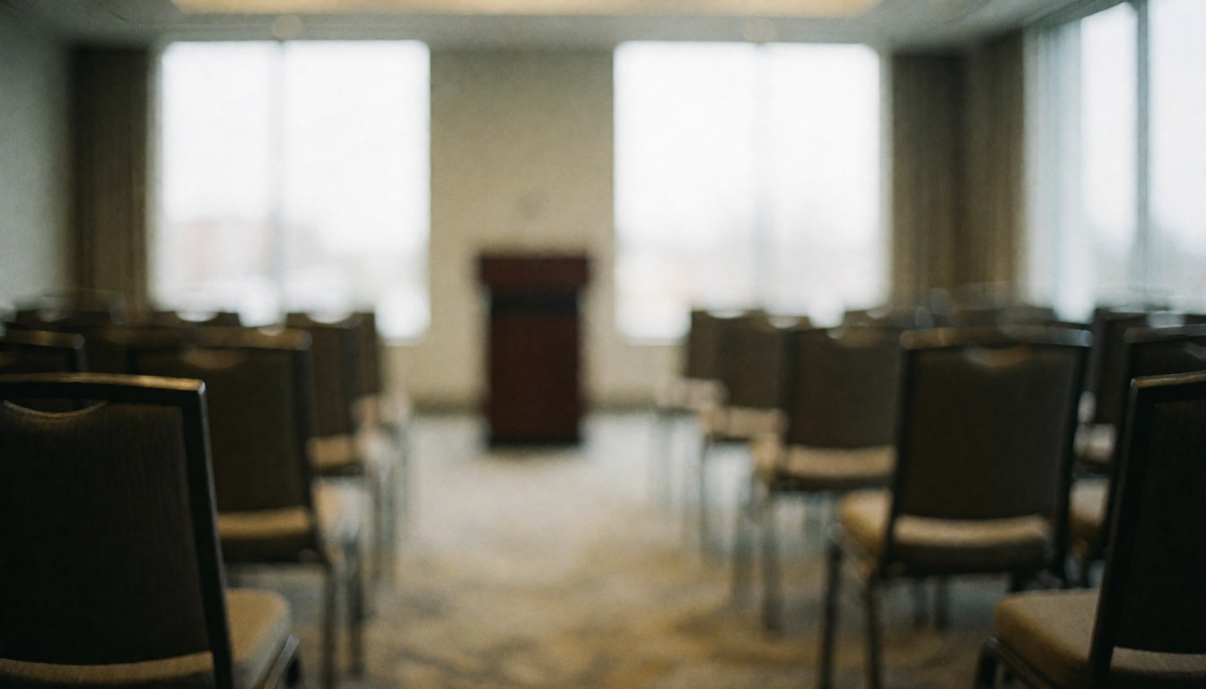 Out of focus conference room with rows of chairs and a podium in the background, natural light from windows, suitable for corporate text overlays
