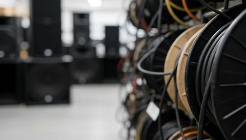 Blurred background of an audio warehouse featuring rolls of cable and black speakers, suitable for technical service text overlays.