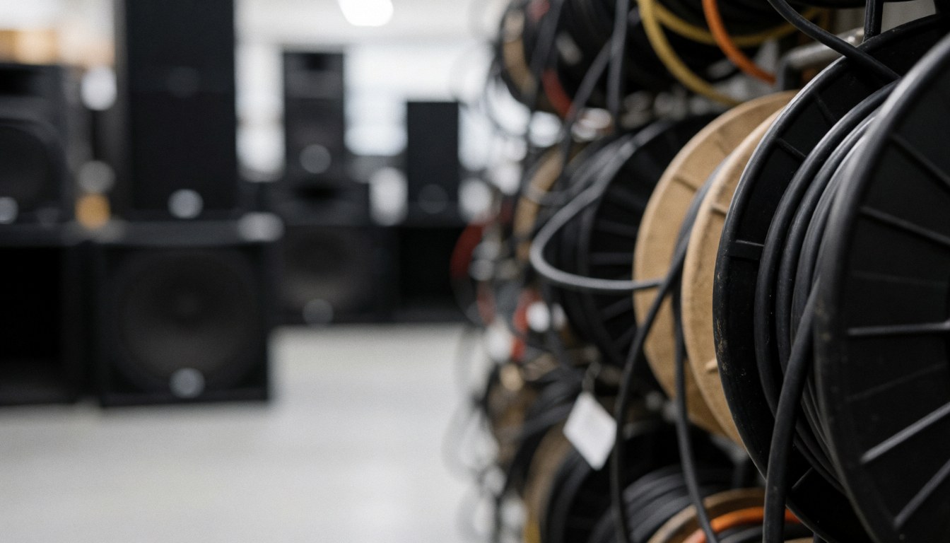 Blurred background of an audio warehouse featuring rolls of cable and black speakers, suitable for technical service text overlays.