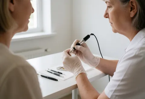 A professional wearing gloves performs eyebrow microblading on a client, with tools and pigment on a white table near a window with natural light.