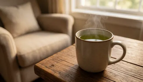 A steaming cup of green tea sits on a rustic wooden table with a comfortable chair and a window with natural light in the blurred background.