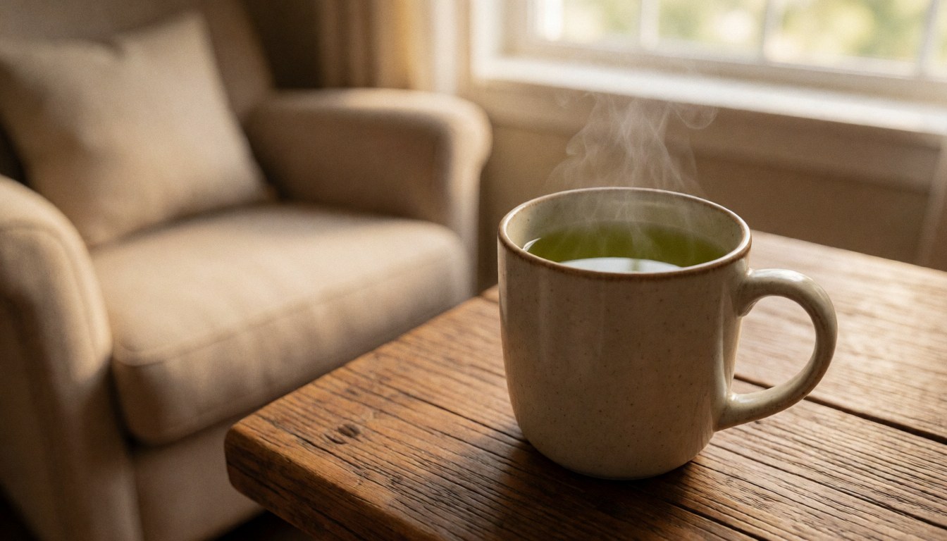 A steaming cup of green tea sits on a rustic wooden table with a comfortable chair and a window with natural light in the blurred background.