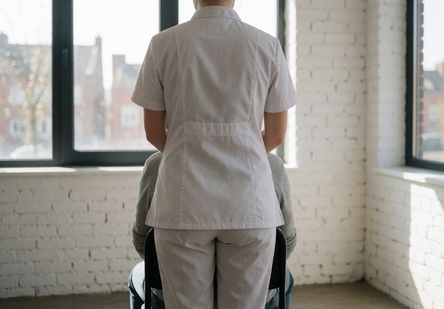 Therapist in white uniform giving a chair massage to a client, viewed from behind against a white brick wall with natural window light