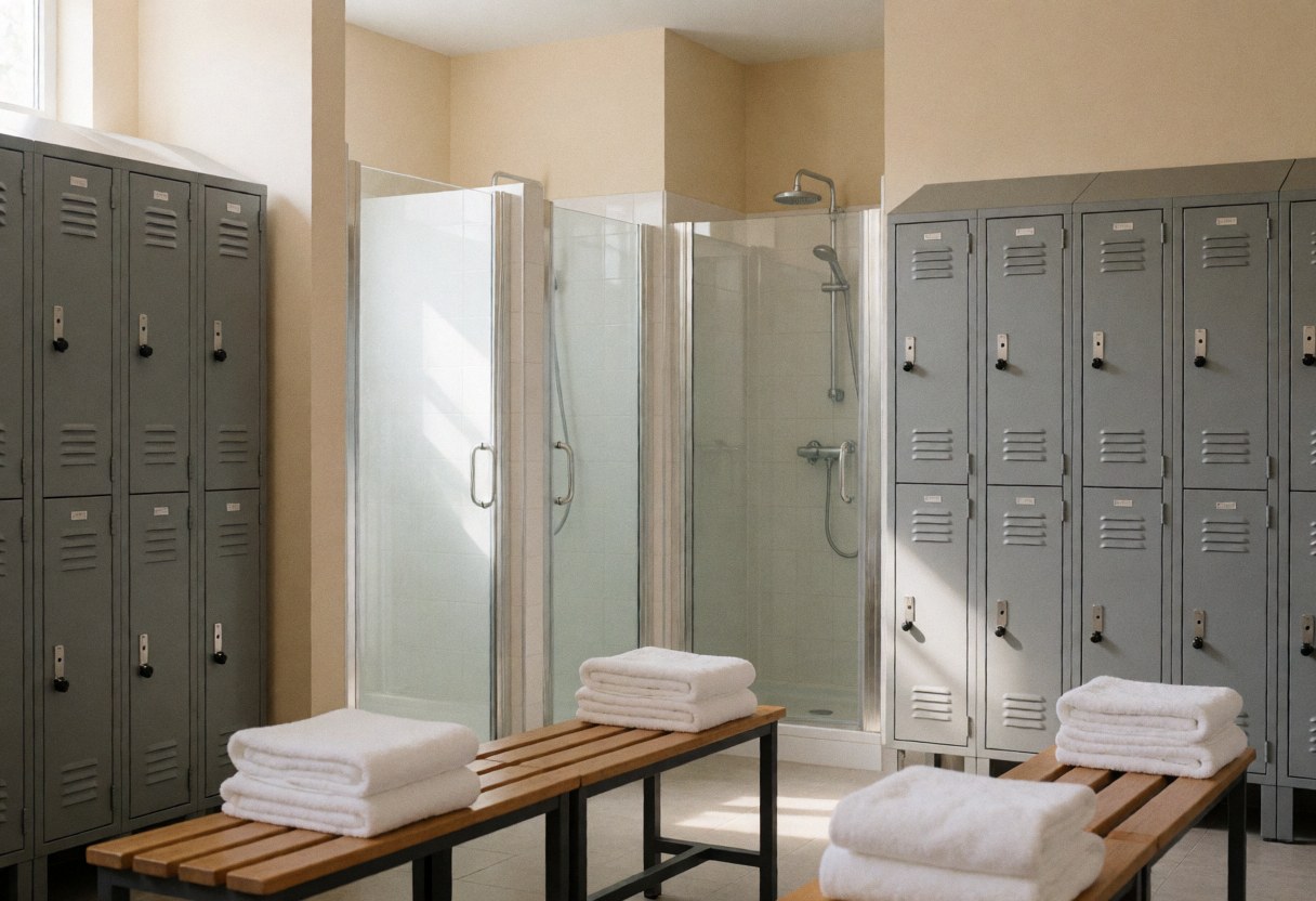 Modern locker room featuring glass showers, gray lockers, and white towels on wooden benches illuminated by natural light