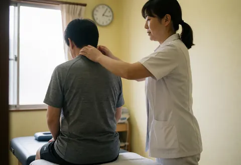 A therapist in a white uniform applies a neck massage to a seated client on a table, with natural light and a wall clock visible.