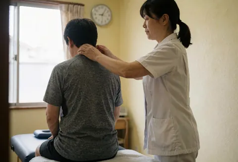 A therapist in a white uniform applies a neck massage to a seated client on a table, with natural light and a wall clock visible.