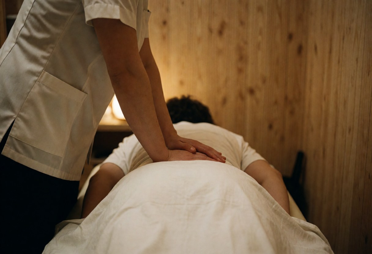 Professional sports massage therapist massaging a client's back while they lie face down under a white sheet in a room with wood walls and warm lighting.