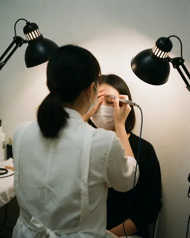 Close-up of a technician applying microblading to a client's eyebrow using a specialized tool, with bright work lights and a white background visible.