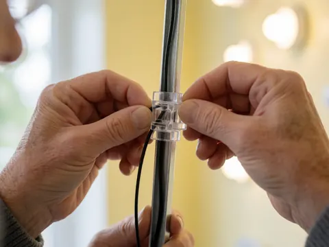 Adult hands connecting a black cable to a transparent clip on a metal support with a warm, soft-focus background.