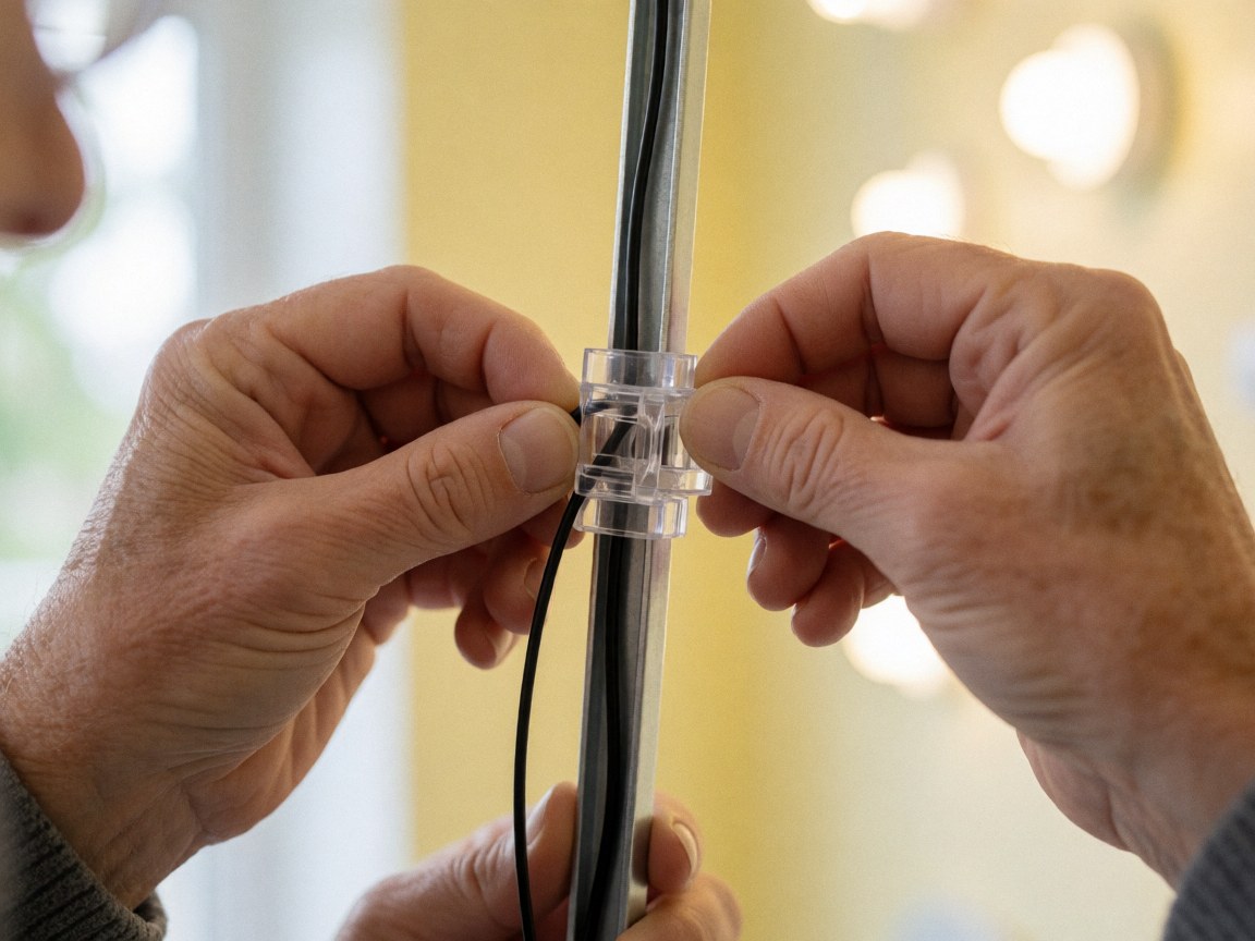 Adult hands connecting a black cable to a transparent clip on a metal support with a warm, soft-focus background.