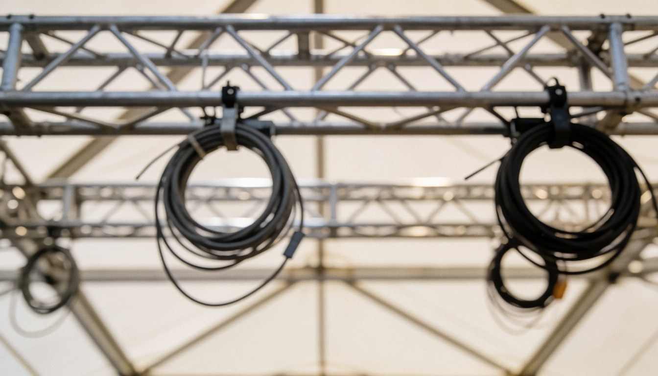 Metal truss background with coiled cables for event lighting, suitable for text overlays and technical service descriptions