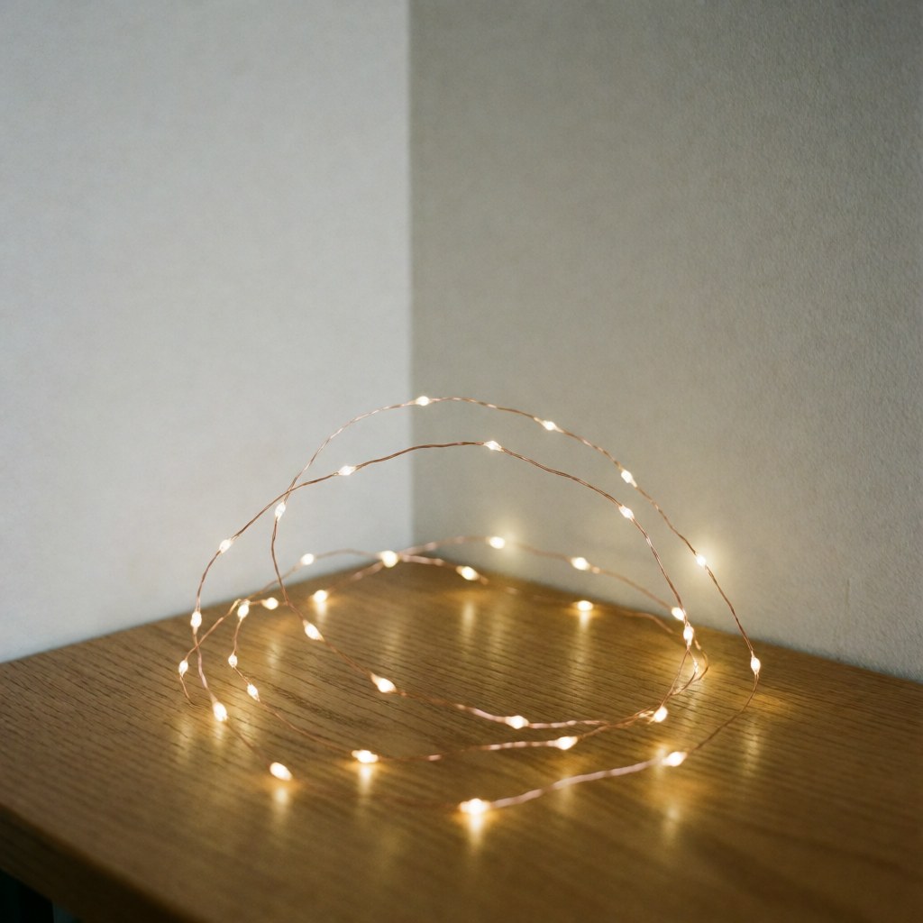 Warm white LED string lights draped over a wooden background, creating a cozy and romantic atmosphere for event decoration.