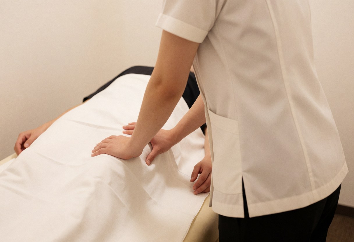 Professional sports massage therapist in white uniform performing leg massage on client lying on table with clean sheets in bright room