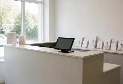 Clean minimalist reception area featuring a digital tablet, skincare brochures, and natural light from a window