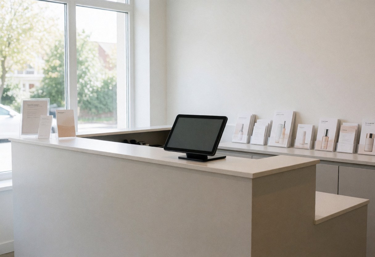 Clean minimalist reception area featuring a digital tablet, skincare brochures, and natural light from a window