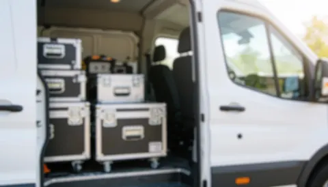 Interior view of a white van packed with professional audio gear for events, featuring natural light and ample copy space for text