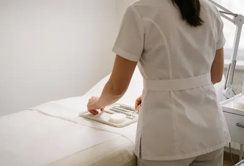 A professional in a white uniform prepares acne treatment tools on a clean table in a bright clinic with white walls.