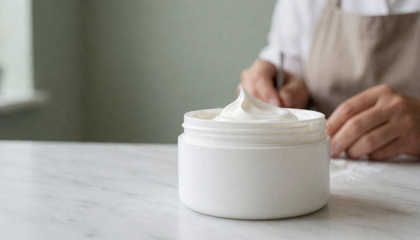 White facial cream tube with a dollop of thick cream on a white marble table and a blurred background of a professional in an apron.
