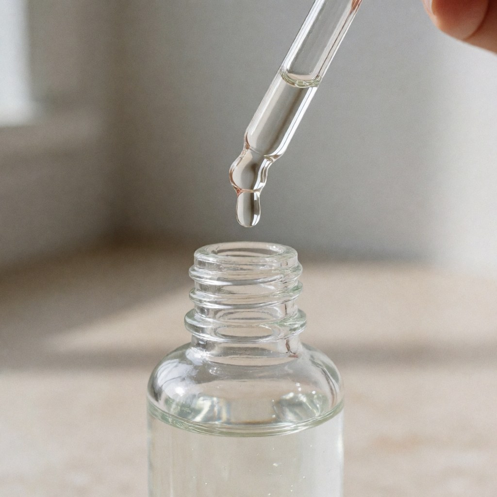 Glass serum bottle with dropper on a bathroom counter with soft natural light and gray walls