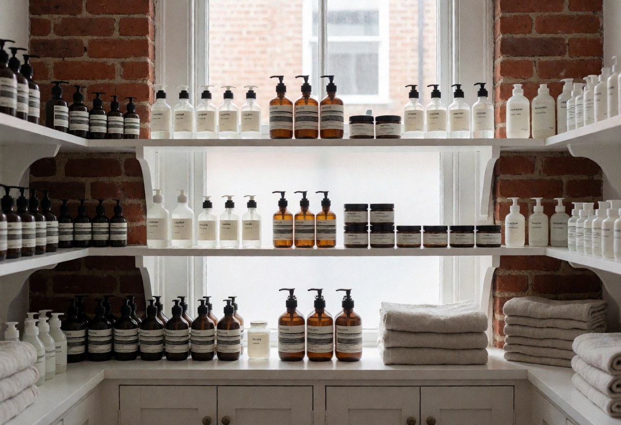Organized facial hydration products on white shelves near a window with a brick wall, towels, and glass bottles
