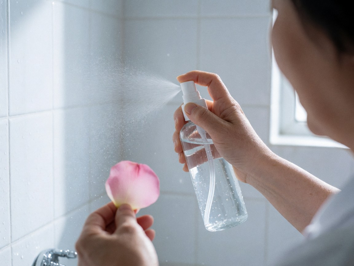 A hand sprays rose water mist onto a delicate rose petal in a bright bathroom with white tiles