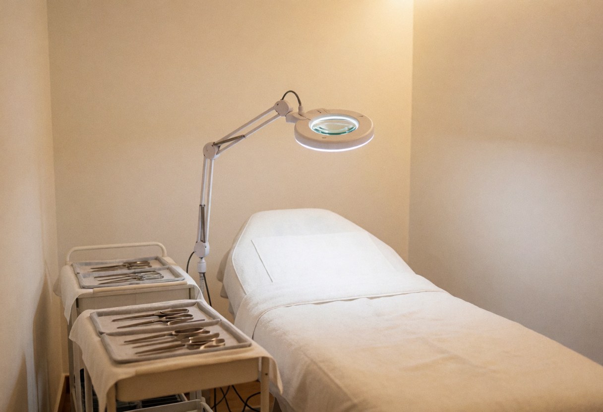 Clean and professional acne treatment room featuring magnifying lights, sterile beds, and instrument trays ready for skin care procedures.