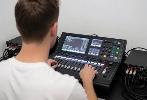 Close-up of a technician's hands adjusting faders on a professional lighting control console in a backstage area with white walls and audiovisual equipment.