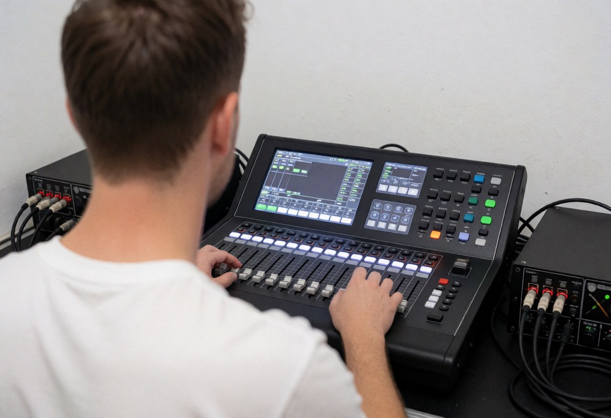 Close-up of a technician's hands adjusting faders on a professional lighting control console in a backstage area with white walls and audiovisual equipment.