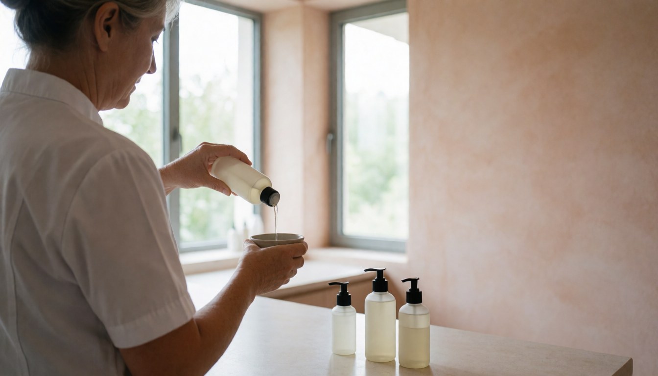 A professional in a white uniform pours toner into a bowl on a clean table with product bottles and terracotta walls.