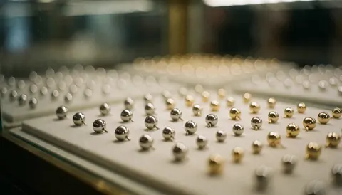 Silver and gold earrings in a display case with soft bokeh and warm lighting, ideal for jewelry text backgrounds